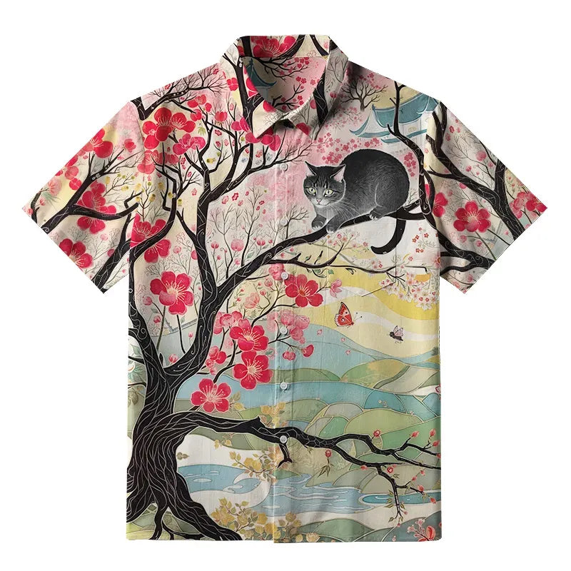 Kyoto-Lion Cat On The Sakura Tree Button-up Shirt