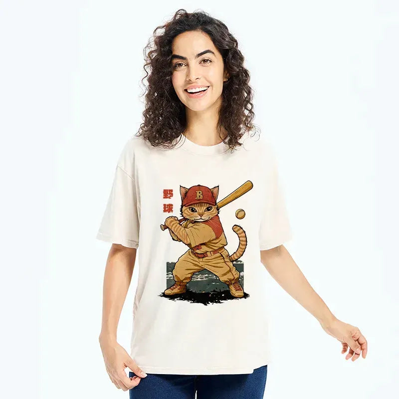 Kyoto-Lion Baseball Cat Player Washed T-Shirt