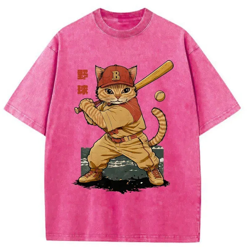 japanese vintage washed cat t-shirt for summer