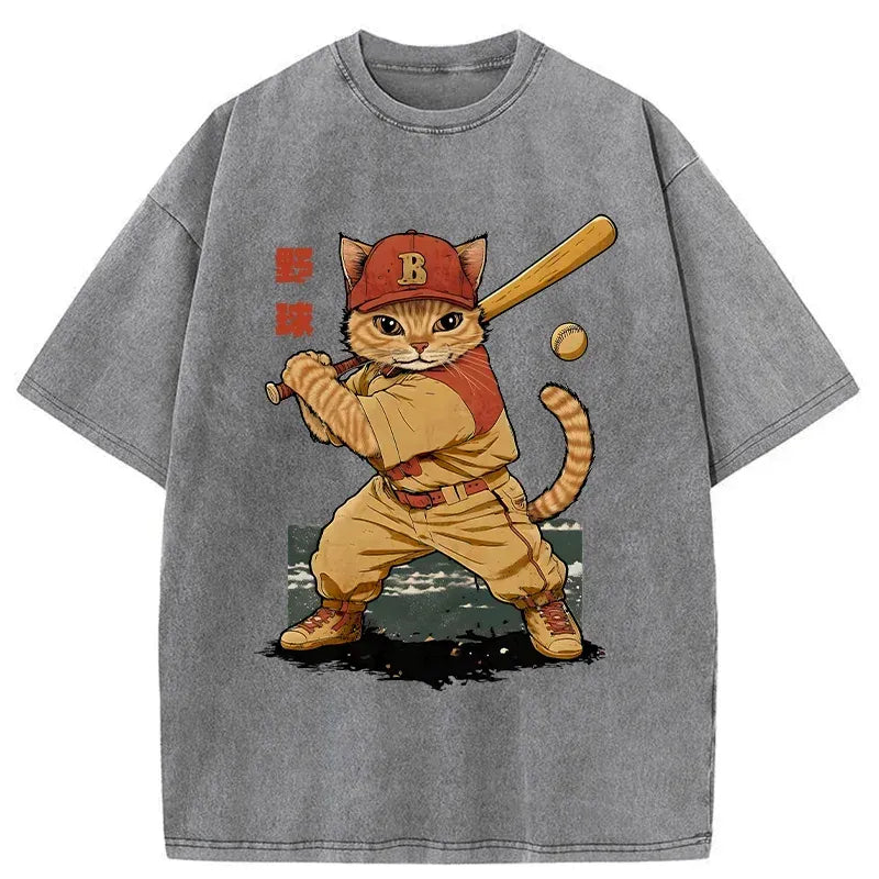 japanese vintage washed cat t-shirt for summer