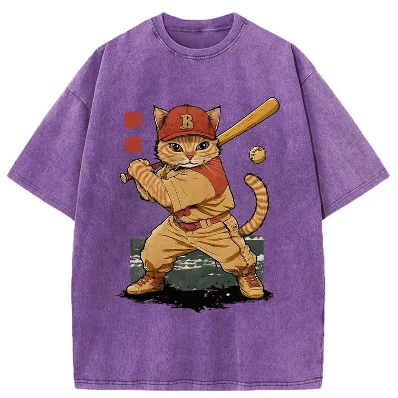 japanese vintage washed cat t-shirt for summer