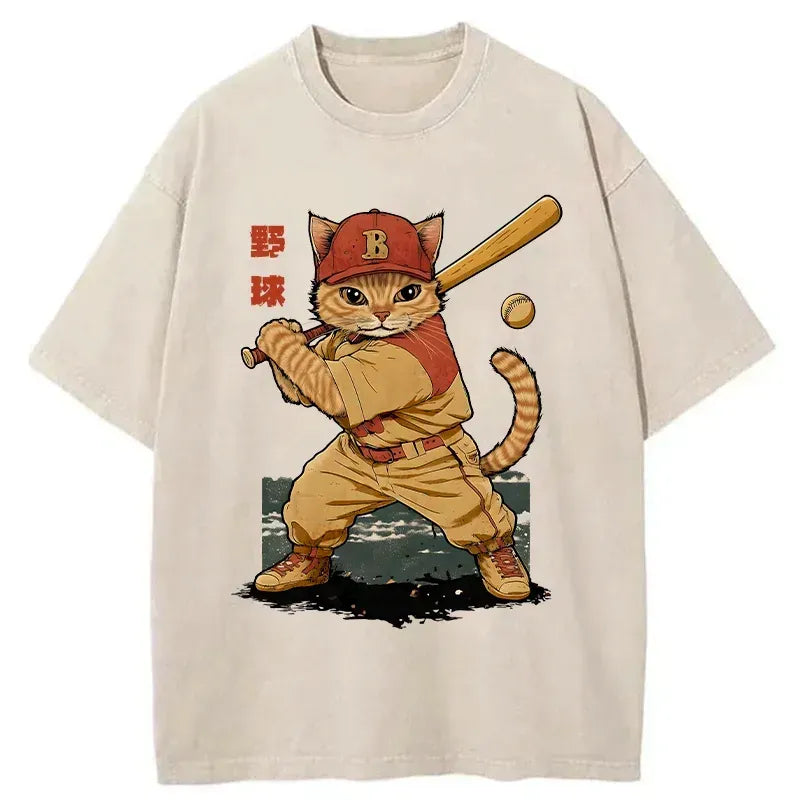 japanese vintage washed cat t-shirt for summer