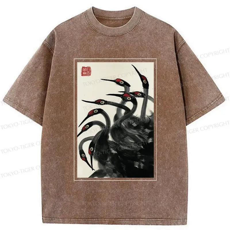 Kyoto-Lion Retro Red Crowned Crane Washed T-Shirt