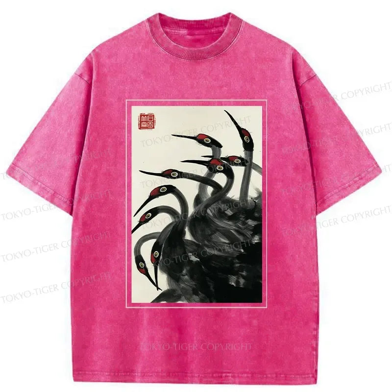 Kyoto-Lion Retro Red Crowned Crane Washed T-Shirt