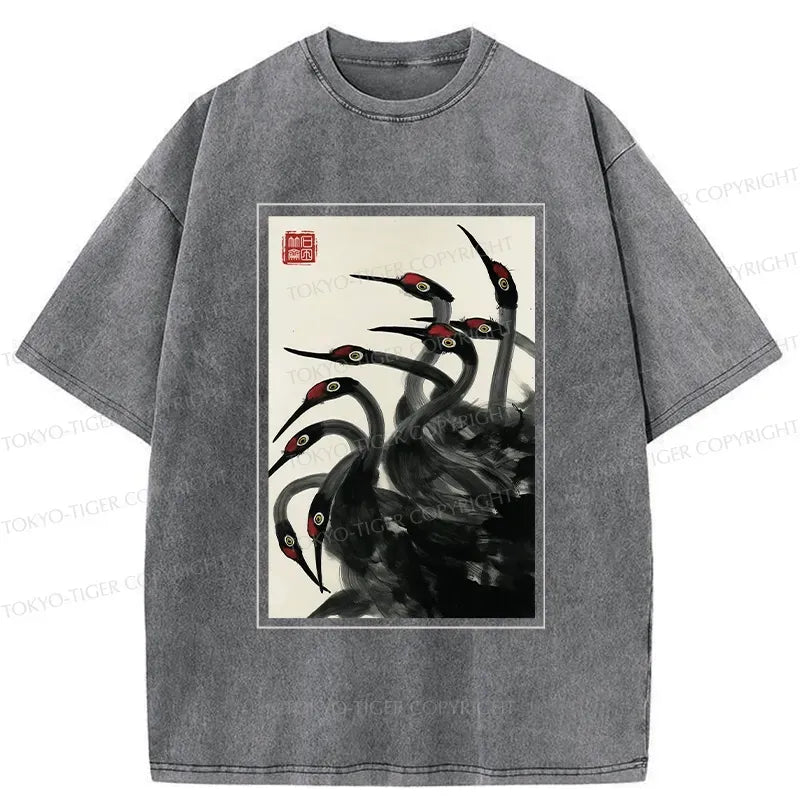 Kyoto-Lion Retro Red Crowned Crane Washed T-Shirt