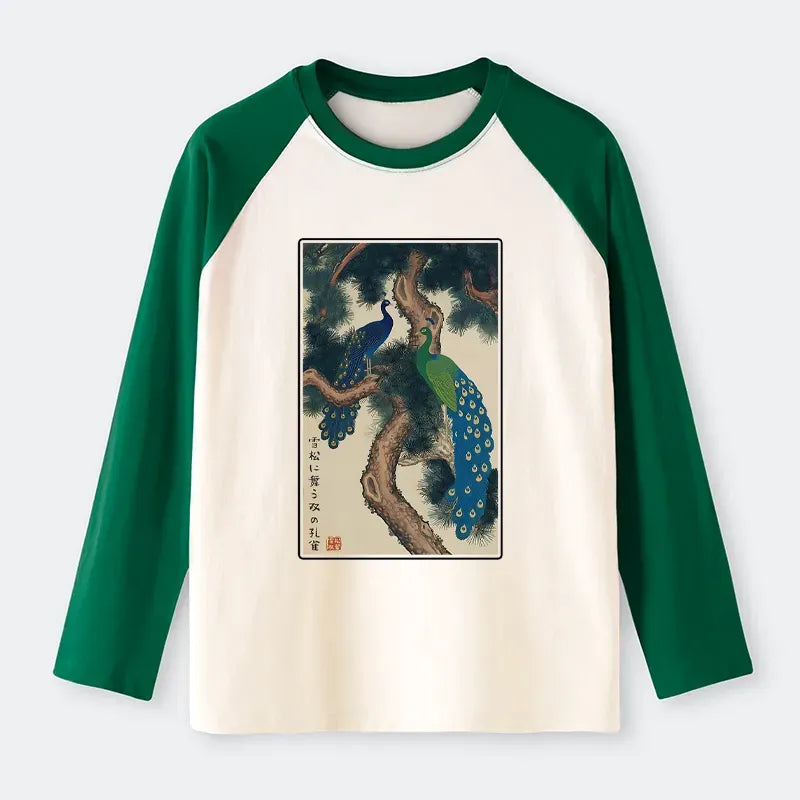 Kyoto-Lion Peacocks In Snowy Pines Raglan Long Sleeve T-shirt
