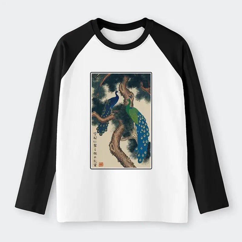 Kyoto-Lion Peacocks In Snowy Pines Raglan Long Sleeve T-shirt