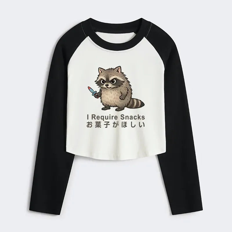 Kyoto-Lion Raccoons Need Snacks Funny Women's Crop Raglan T-Shirt