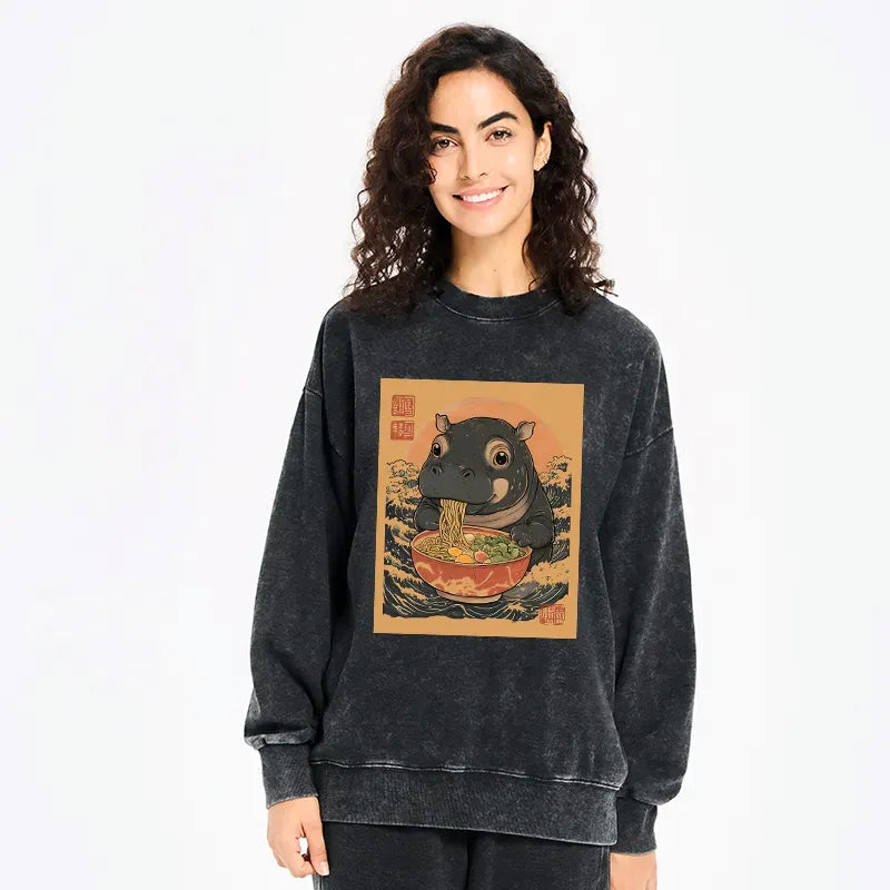Kyoto-Lion Moo Deng Eat Ramen Washed Sweatshirt