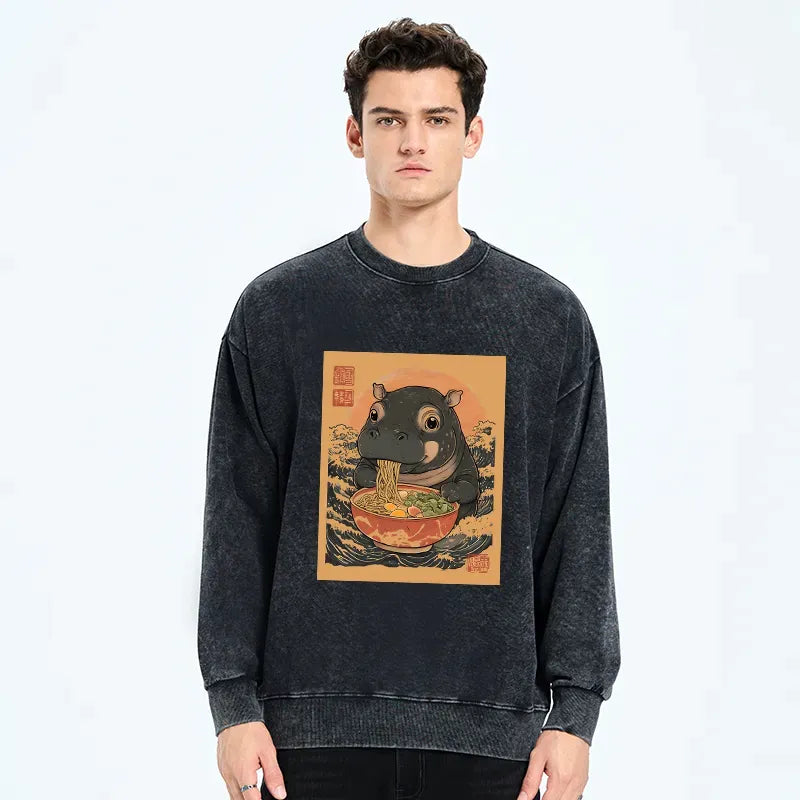 Kyoto-Lion Moo Deng Eat Ramen Washed Sweatshirt