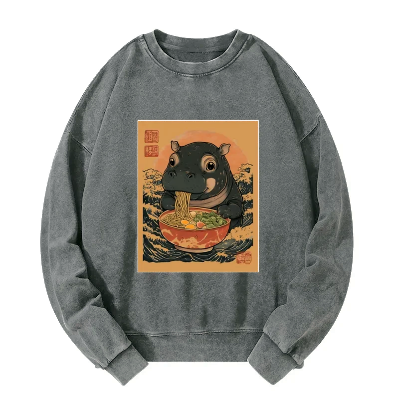 Kyoto-Lion Moo Deng Eat Ramen Washed Sweatshirt