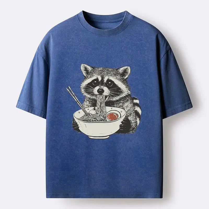 Kyoto-Lion Funny Raccoon Eating Warm Japanese Ramen Meme Washed T-Shirt