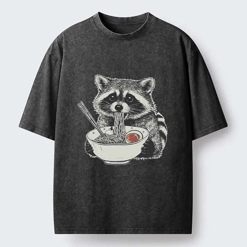 Kyoto-Lion Funny Raccoon Eating Warm Japanese Ramen Meme Washed T-Shirt
