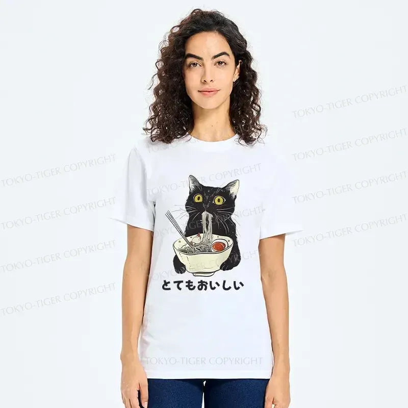 Funny Cat Eating Ramen T-Shirt for Women