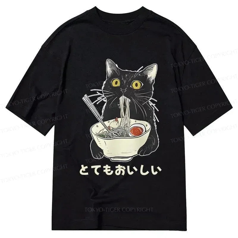 Funny Cat Eating Ramen T-Shirt for Women