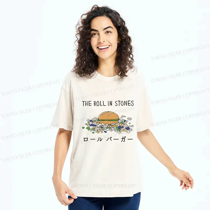 Washed Unisex T-Shirt with Funny Hamburger Print