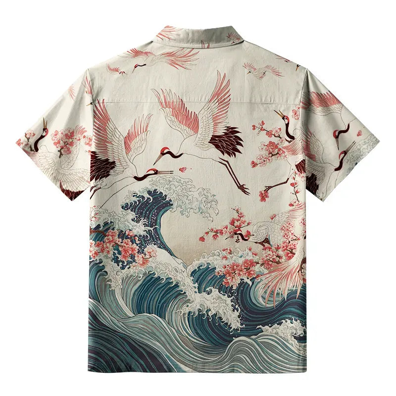 Kyoto-Lion Cranes Dancing On The Waves Button-up Shirt