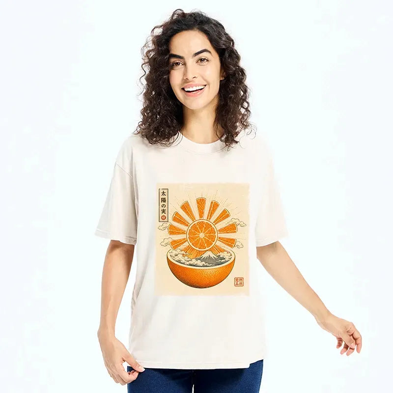 Kyoto-Lion Retro Orange Sun Fuji Mountain Scene Washed T-Shirt