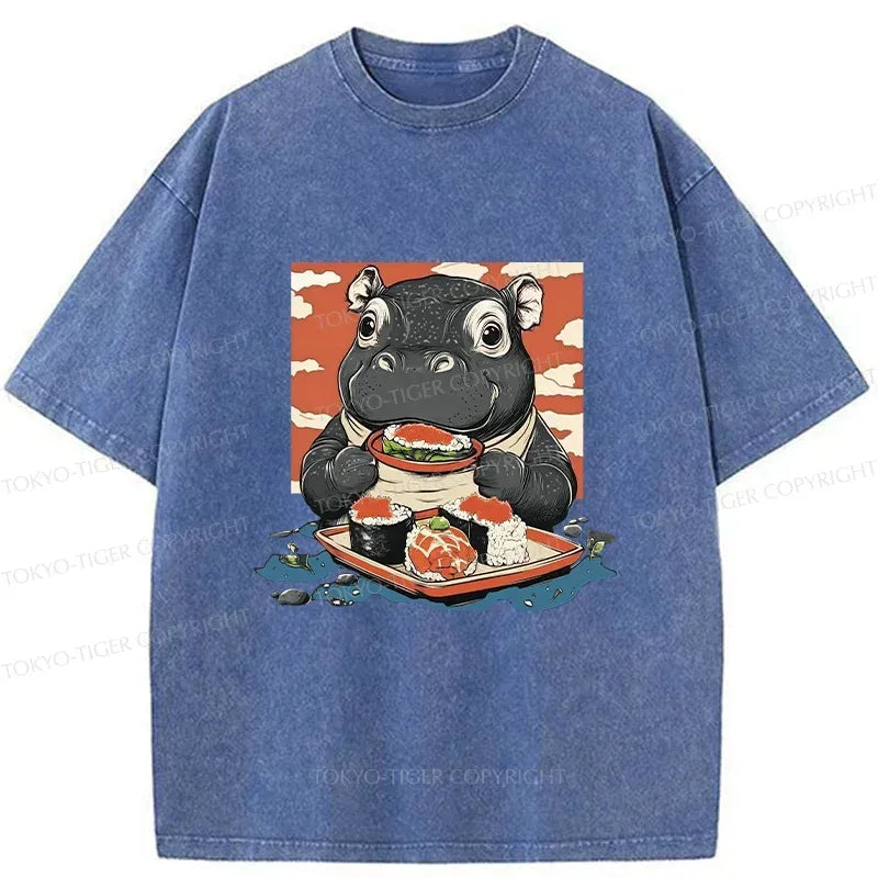 Kyoto-Lion Moo Deng Eat Sushi Washed T-Shirt