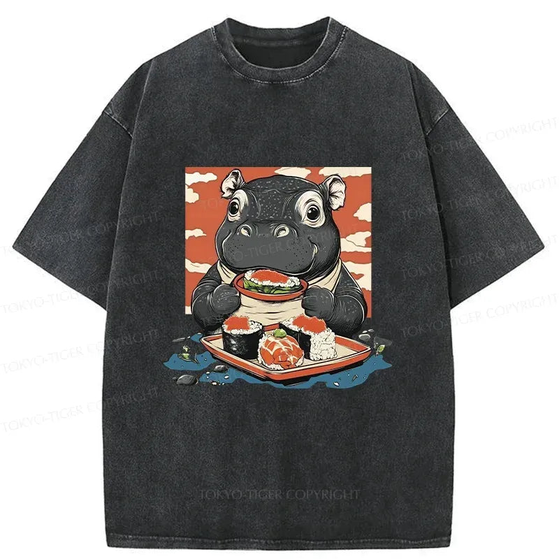 Kyoto-Lion Moo Deng Eat Sushi Washed T-Shirt
