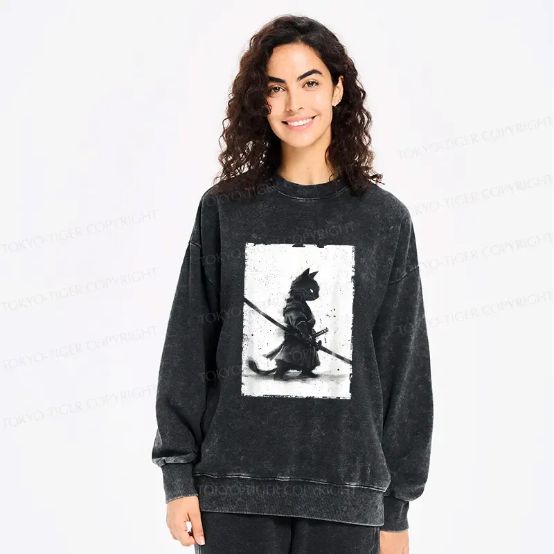 Kyoto-Lion Retro Cat Samurai Japanese Washed Sweatshirt