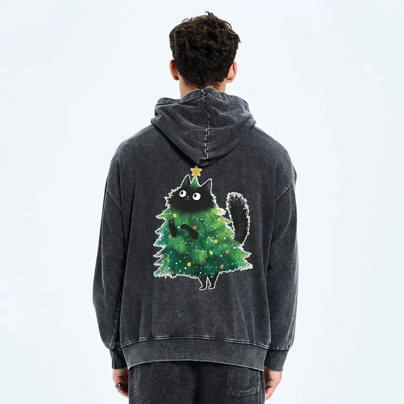 Kyoto-Lion Christmas Tree Cat Japan Washed Zip Hoodie