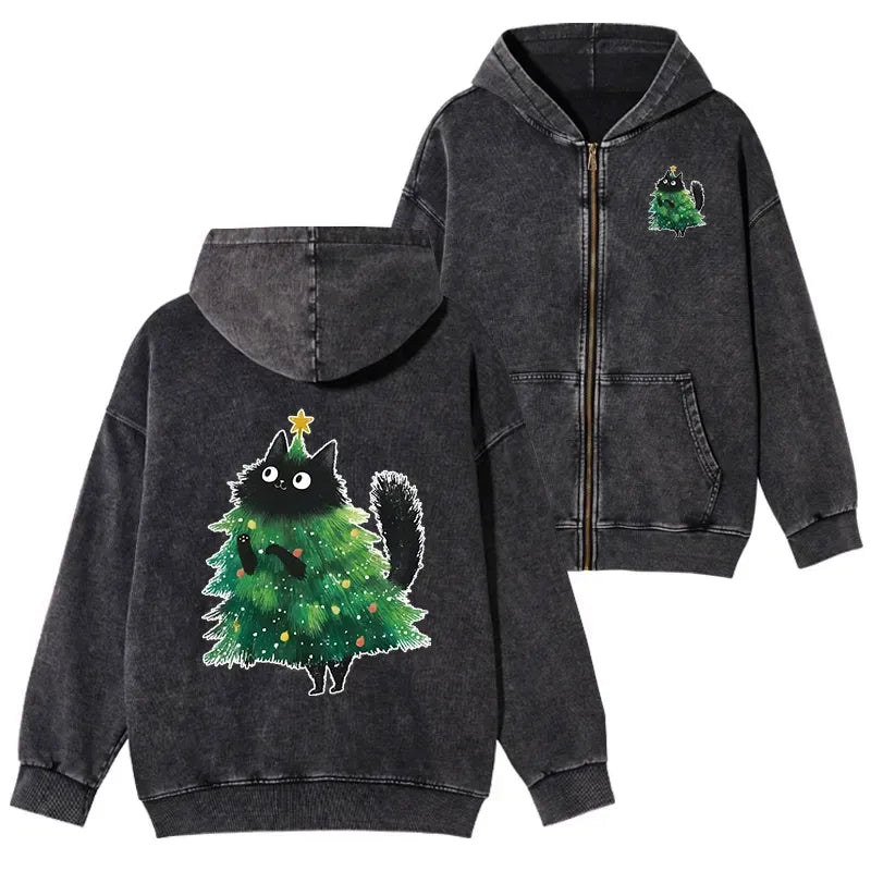 Japanese vintage cat zip hoodie for winter