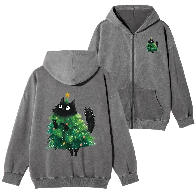 Japanese vintage cat zip hoodie for winter