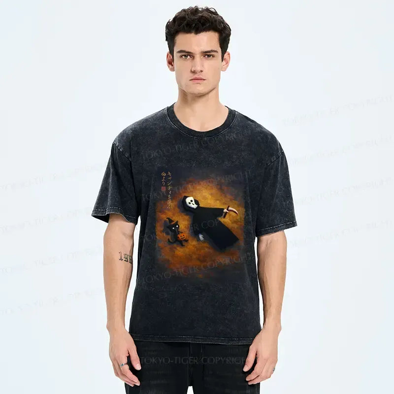Kyoto-Lion Skeleton And Cat Choose Candy Over Life On Halloween Washed T-Shirt