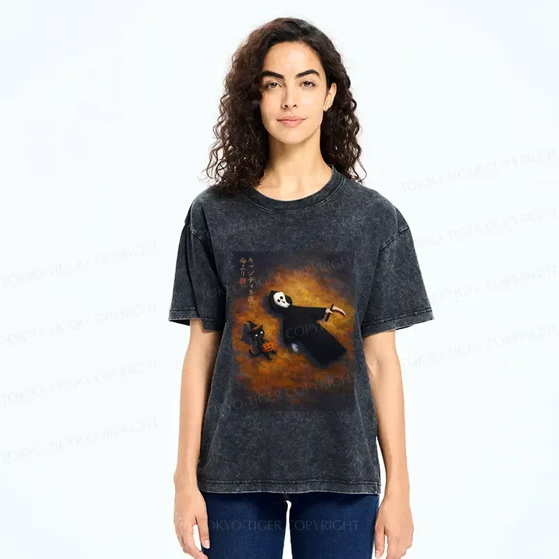 Halloween skeleton cat washed t-shirt