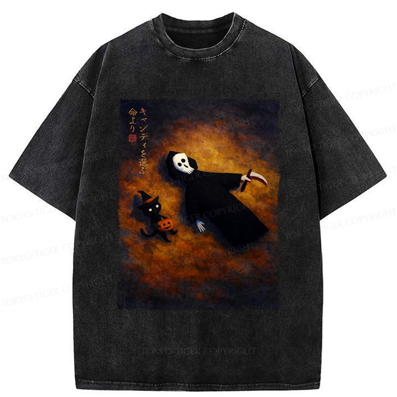 Halloween skeleton cat washed t-shirt