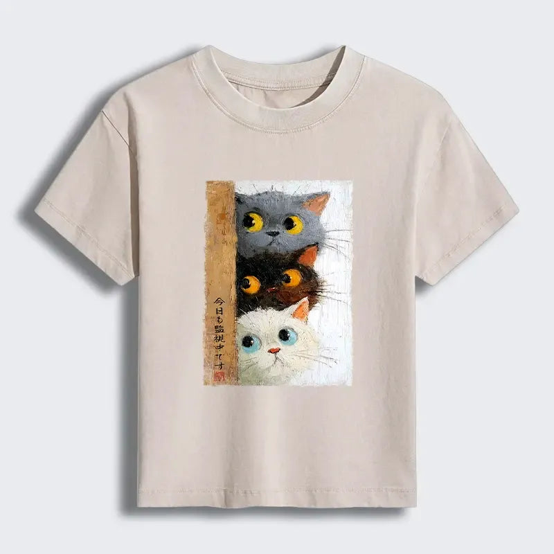 Cute Cat Washed Tee for Daily Wear