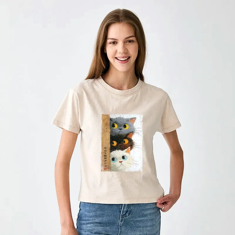 Cute Cat Washed Tee for Daily Wear