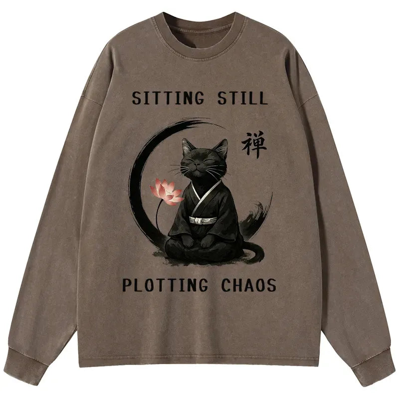 Kyoto-Lion Sitting still plotting chaos Calming Zen Cat Funny Washed Long Sleeve T-Shirt
