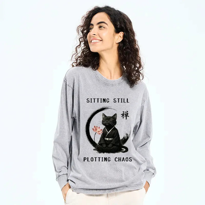 Kyoto-Lion Sitting still plotting chaos Calming Zen Cat Funny Washed Long Sleeve T-Shirt