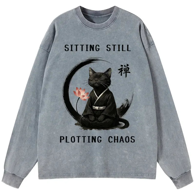 Kyoto-Lion Sitting still plotting chaos Calming Zen Cat Funny Washed Long Sleeve T-Shirt