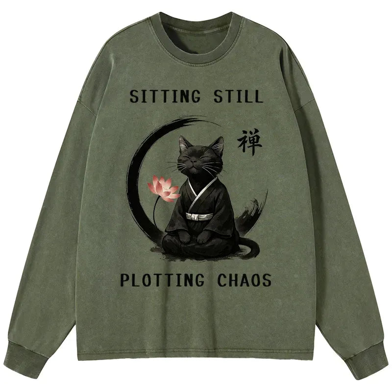 Kyoto-Lion Sitting still plotting chaos Calming Zen Cat Funny Washed Long Sleeve T-Shirt