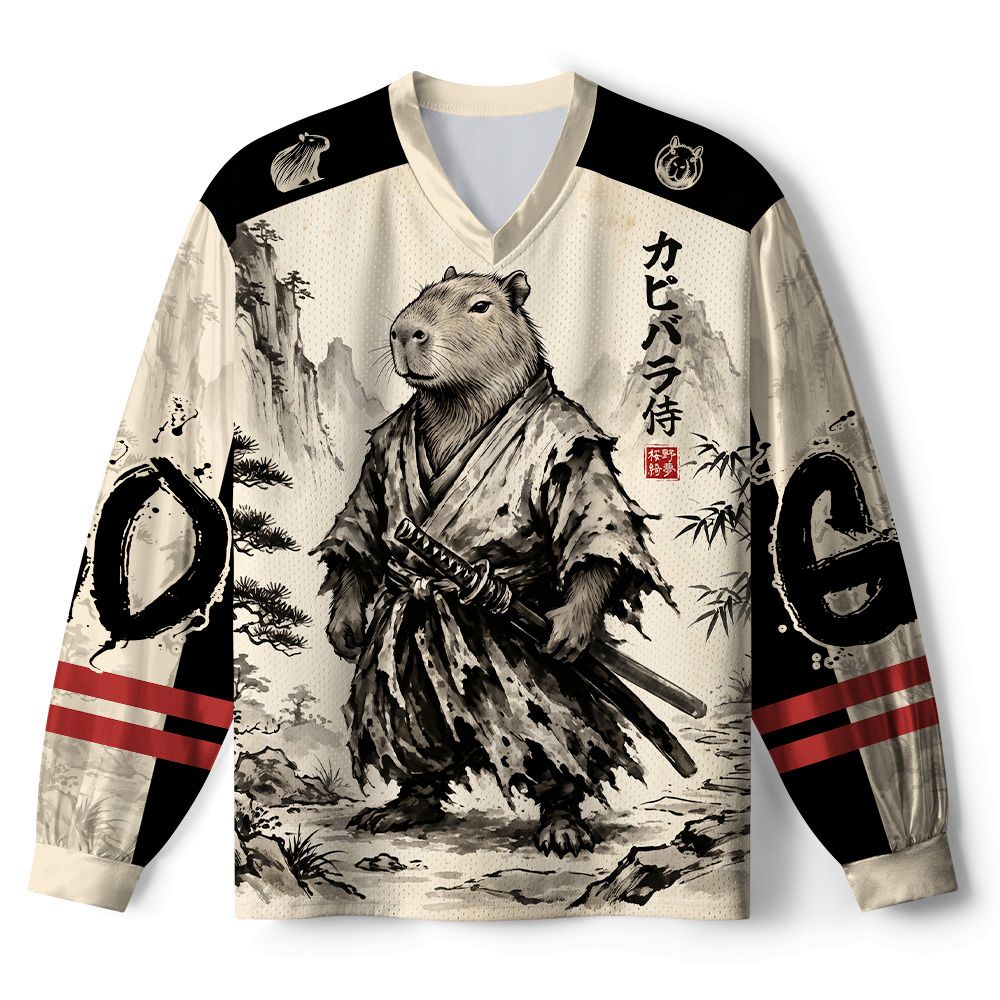 Kyoto-Lion Japanese Ink Art Capybara Samurai Paneled Long Sleeve Jersey