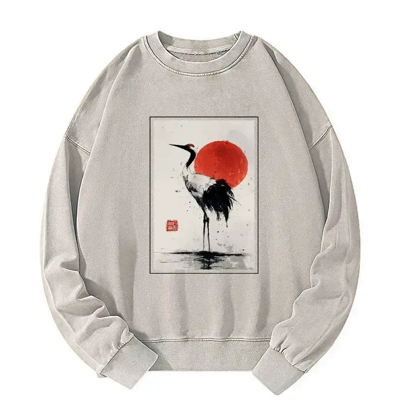 Retro Japanese Red-crowned Crane Washed Sweatshirt