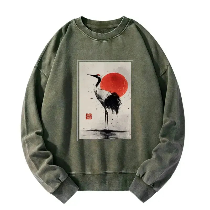 Kyoto-Lion Retro Japanese Red-crowned Crane Washed Sweatshirt