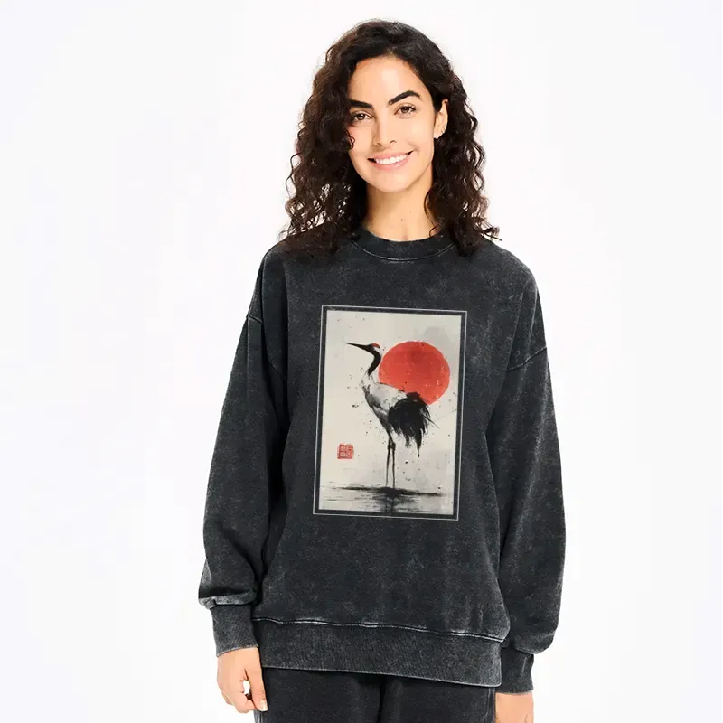 Retro Japanese Red-crowned Crane Washed Sweatshirt