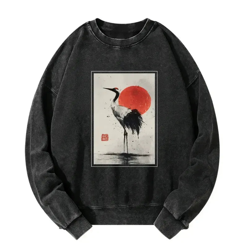 Retro Japanese Red-crowned Crane Washed Sweatshirt