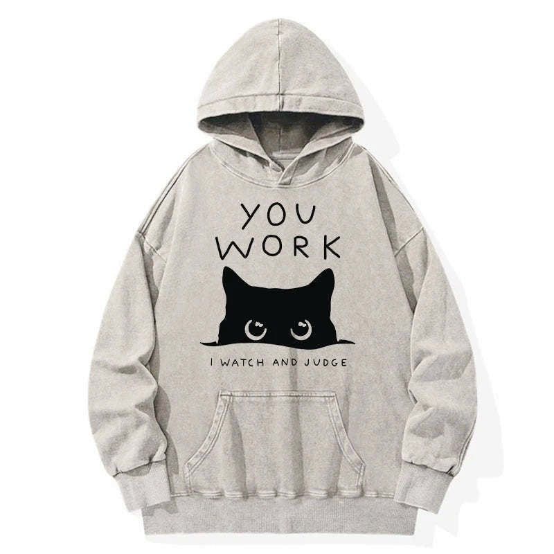 Washed Unisex Cat Print Hoodie