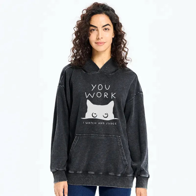 Washed Unisex Cat Print Hoodie