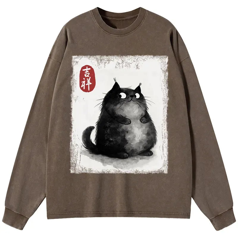 Japanese ink painting black cat long sleeve tee