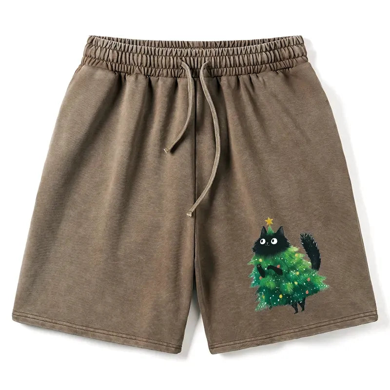 Kyoto-Lion Christmas Tree Cat Japan Washed Shorts