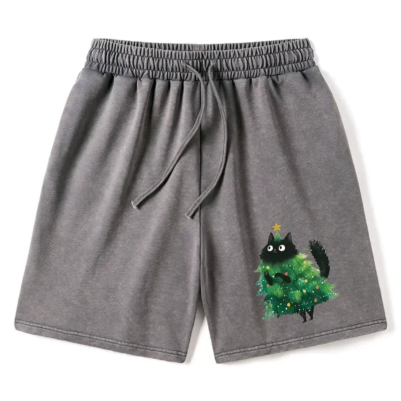 Christmas Tree Cat Washed Shorts for Summer