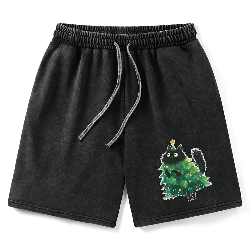Christmas Tree Cat Washed Shorts for Summer