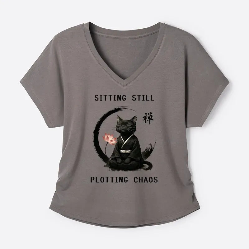 Kyoto-Lion Sitting still plotting chaos Calming Zen Cat Funny Modal Dolman Sleeve T-Shirt
