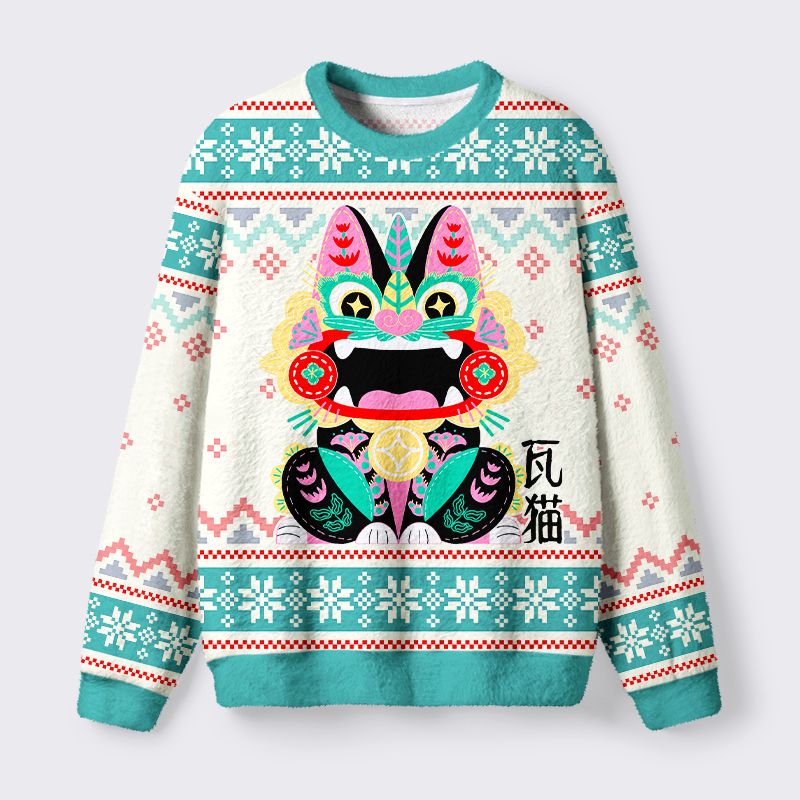 Kyoto-Lion Lucky Tile Cat Fuzzy Christmas Ugly Sweatshirt